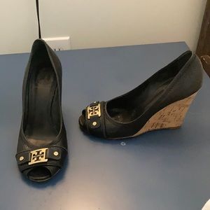 Black Tory Burch Peep Toe Wedges